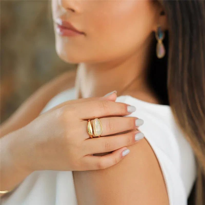 18K Gold-Plated Ring with Seashell Gemstone | Ocean-Inspired Statement Ring