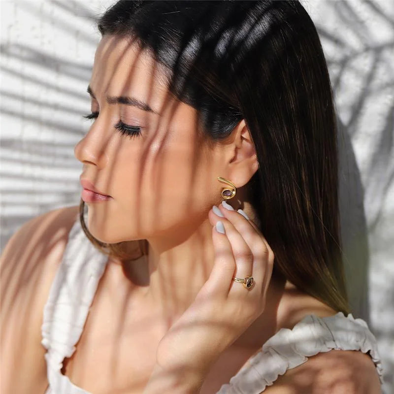 18K gold-plated stud earrings with abalone gemstone