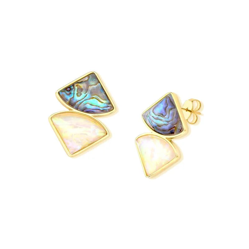 18K gold-plated stud earrings with abalone and sea opal nautilus gemstones