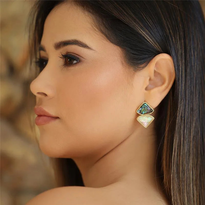 18K gold-plated stud earrings with abalone and sea opal nautilus gemstones