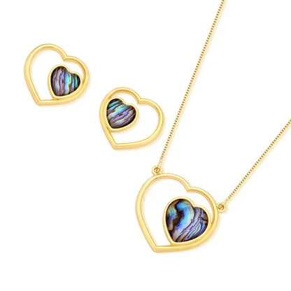 18K Gold-Plated Heart Jewelry Set with Abalone Gemstone – Necklace & Earrings for Women