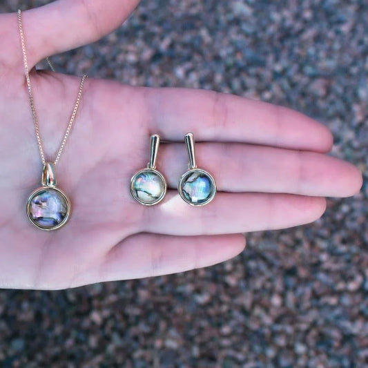 18K gold-plated set of earrings and necklace with abalone gemstones