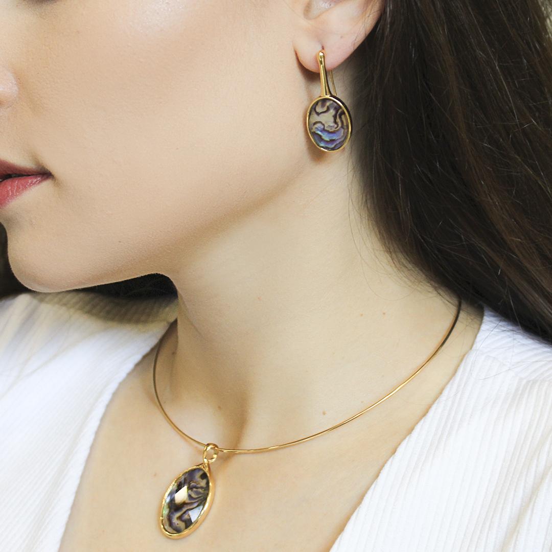 18K gold-plated earrings and necklace set with natural abalone gemstone