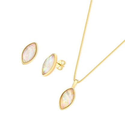 18K gold-plated set of earrings and necklace with sea opal nautilus or abalone gemstone