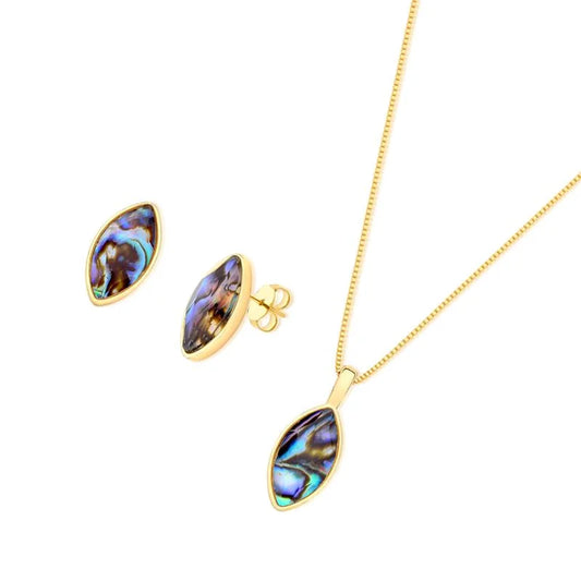 18K gold-plated set of earrings and necklace with sea opala nautilus or abalone gemstone