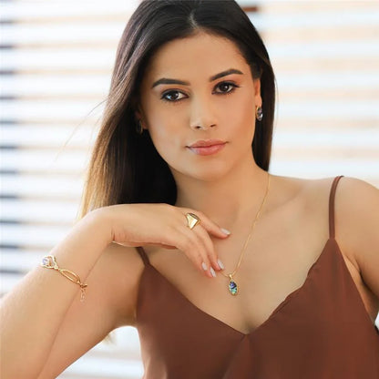 18K gold-plated set of earrings and necklace with sea opal nautilus or abalone gemstone