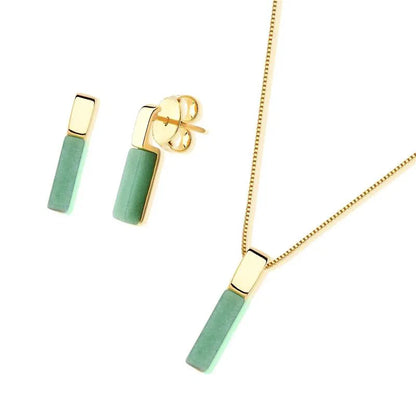 Green Agate Jewelry Set – 18K Gold-Plated Pendant Necklace & Hoop Earrings