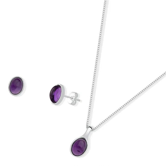 925 Sterling Silver Amethyst Jewelry Set | Minimalist Oval Gemstone Earrings & Pendant
