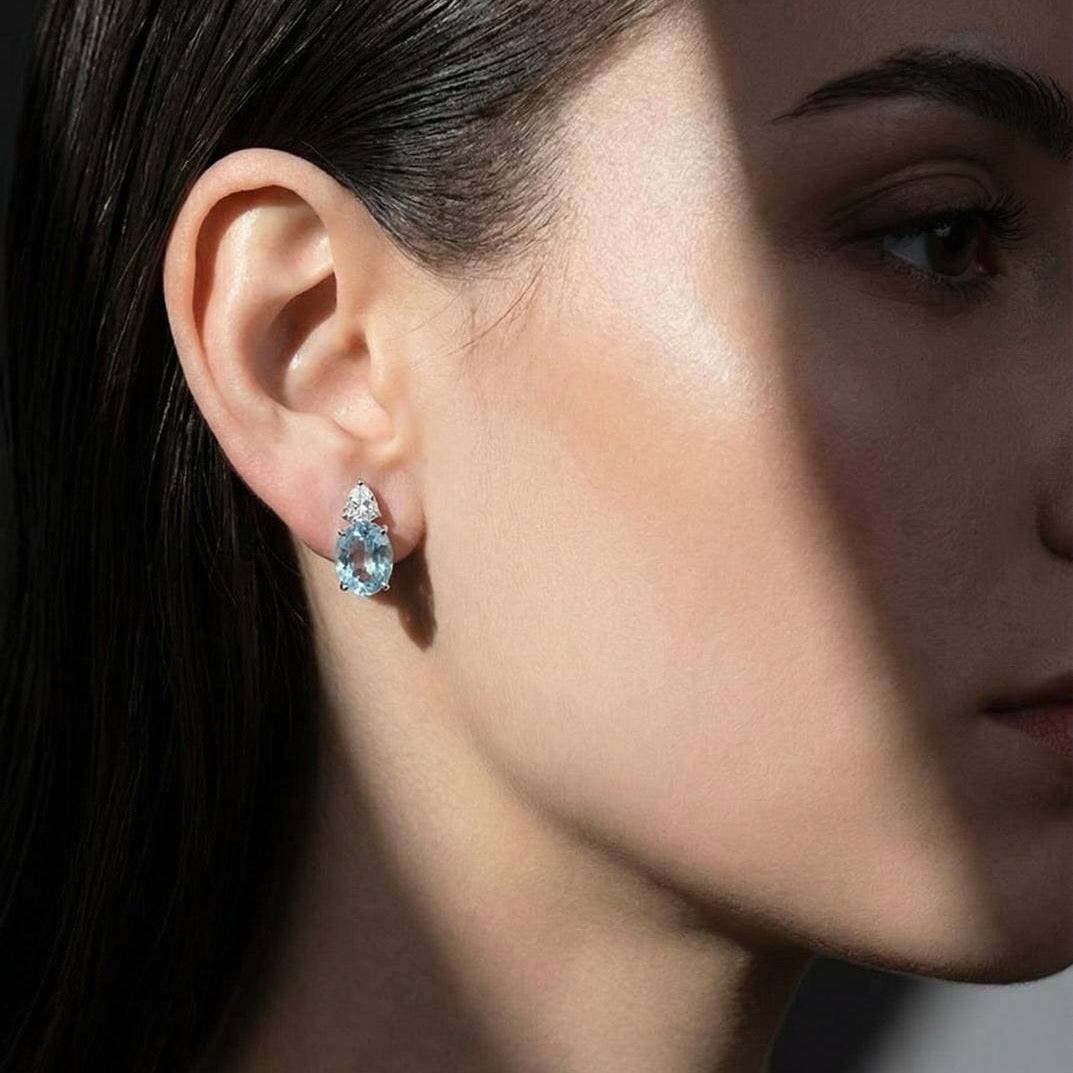 Oval blue Topaz & Moissanite Earrings — 10x8mm Topaz + 1ct Moissanite Stones