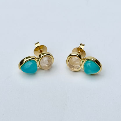 18K gold-plated drop earrings with rose quartz and agate gemstones