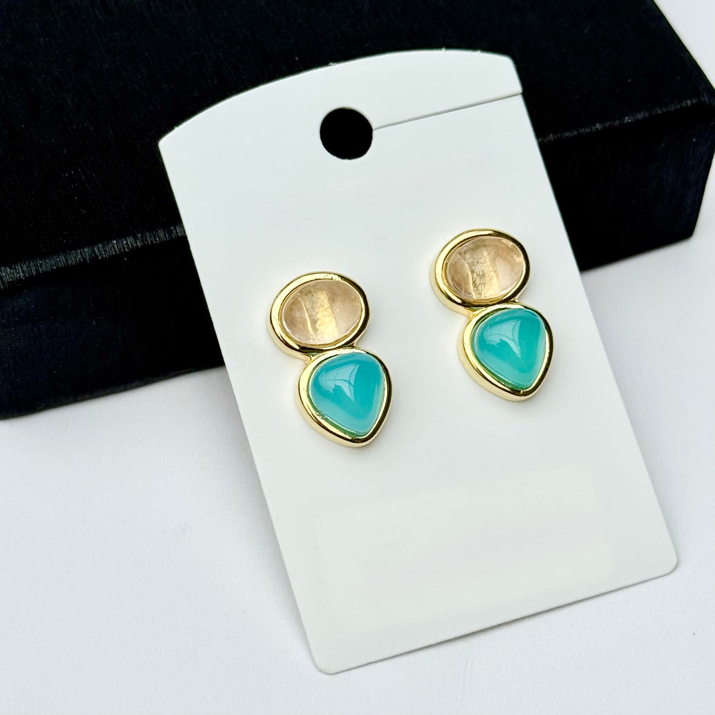 18K gold-plated drop earrings with rose quartz and agate gemstones