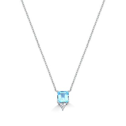 Square Blue Topaz Necklace in Silver with Rhodium — 7x7mm 4.3ct + Moissanite Accent Stone
