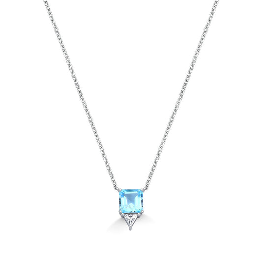 Square Blue Topaz Necklace in Silver with Rhodium — 7x7mm 4.3ct + Moissanite Accent Stone