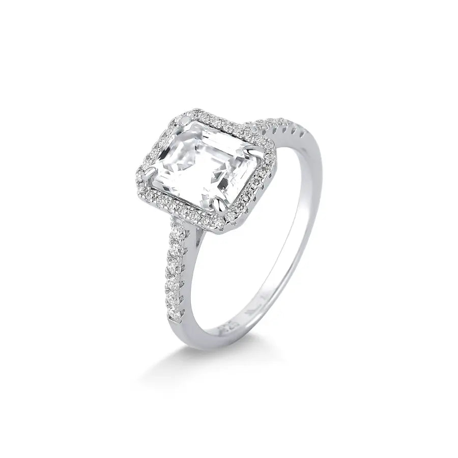 Rectangular Moissanite Ring Paved in Rhodium-Plated 925 Silver