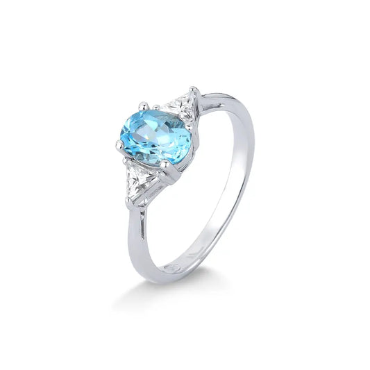 Oval Blue Topaz and Moissanite Ring in Rhodium-Plated Sterling Silver – 4x4mm, 0.6ct