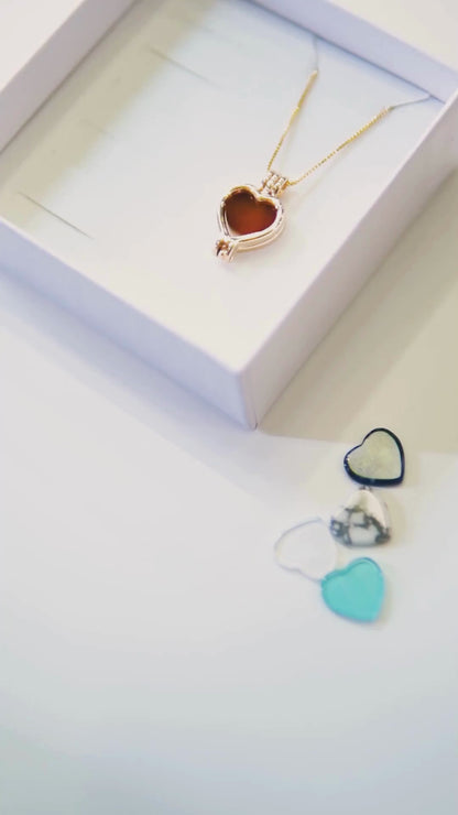 Heart-shaped locket combo necklace with seven natural stone plates